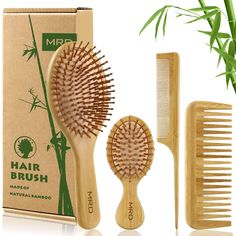 bamboo hair brush and comb with bamboo plant in the box next to it on a white background