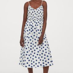 Calf-Length Dress In Airy Cotton Voile. Narrow, Adjustable Shoulder Straps, V-Neck, And Smocked Bodice. Unlined. Size Xs Could Fit Xs Or S Casual Polka Dot Midi Dress For Summer, Casual Polka Dot Midi Dress For Beach, Casual Polka Dot Midi Dress For Spring, Polka Dot Summer Daywear Dress, Polka Dot Summer Dress For Daywear, Polka Dot Dresses For Summer Daywear, Casual Polka Dot Dress With Smocked Back, Casual Polka Dot Midi Dress For Vacation, Casual Dress With Polka Dot Pattern And Smocked Back