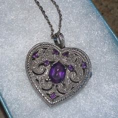 Purple Crystal With Real Diamonds Heart Shaped Locket Necklace Elegant Silver Heart Necklace With Heart Beads, Fine Jewelry Heart-shaped Amethyst, Elegant Silver Heart Beads Necklace, Silver Heart Necklace For Wedding, Fine Jewelry, Silver Heart Cut Jewelry For Her, Silver Heart Cut Jewelry As A Gift For Her, Silver Amethyst Jewelry With Heart Charm, Amethyst Heart Pendant Jewelry For Anniversary, Purple Double Heart Jewelry Gift