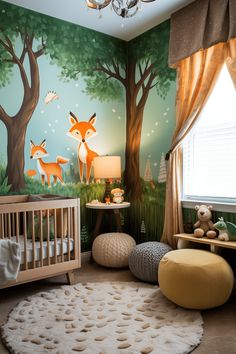 a baby's room decorated in green and orange with a fox mural on the wall