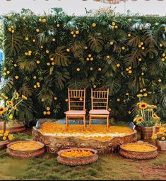 two chairs sitting on top of a stage surrounded by potted plants and sunflowers