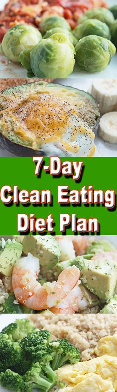 seven day clean eating diet plan with broccoli, shrimp and other food items