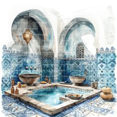 an artistic watercolor painting of a bathroom with a jacuzzi style bathtub