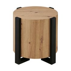 a wooden table with black metal legs and a round wood table top on an isolated white background