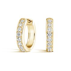 Luxe Diamond Huggie Earrings - 18K Yellow Gold. These glamorous huggie hoop earrings feature a row of dazzling prong-set diamonds set in lustrous gold. Secured with hinged latch backs, these diamond earrings are perfect for every day wear. Diamond Hoop Earrings In Yellow Gold, Diamond Huggie Earrings, Colorless Diamond, Solid Gold Earrings, Diamond Earring, Yellow Gold Setting, Jewelry Images, Diamond Hoop Earrings, Huggie Earrings