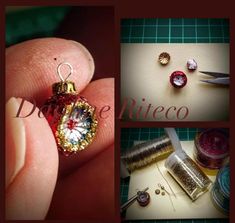 three different pictures of jewelry being made with scissors and thread, including an ornament in the shape of a heart