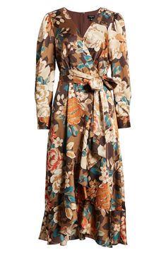 An autumnal floral pattern lends personality to a faux-wrap dress designed with graceful cascading ruffles. 49 1/2" length Hidden back zip with hook-and-eye closure Surplice V-neck Long sleeves Removable tie belt Lined 97% polyester, 3% spandex Dry clean Imported Cascading Ruffles, Wrap Midi Dress, Faux Wrap Dress, Nordstrom Dresses, Tie Belt, Ruffles, Designer Dresses, Wrap Dress, Floral Pattern