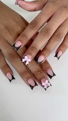 Black And French Nails, Read French Tips Nails, Back French Tip Nails, Short Acrylic Nails Line Design, Almond French Design Nails, Short French Tip Acrylic Nails With Bow, Cute Bow Nail Designs, Black French Tip Nails With Jewels, Short Nails With Black Tips