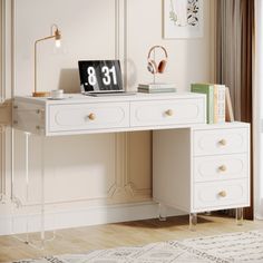 a white desk with a clock on it in front of a window and a rug