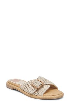 A textured buckle lends a hint of polish to this breezy raffia slide sandal ready for a sunny destination. Textile upper/synthetic lining and sole Imported Sandal Women, Slide Sandals, Sunnies, Womens Sandals, Size 10, Nordstrom, Buckle, Sandals, 10 Things