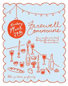 an orange and blue flyer for a wine tasting event with the words, fermwell comunie