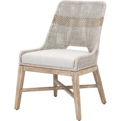 the back of a chair with white cushions and wicker upholstered on it