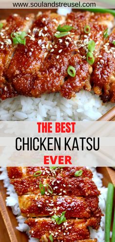 the best chicken katsuu ever is served on rice with green onions and sesame seeds