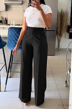 Lasaky - Elegant Patchwork High Waist Wide Leg Trousers with Zipper Closure Highwaisted Outfits Classy, Office Pants For Women, Pant Trousers Women Outfit, Thrift Business, High Waist Work Pants, Office Pants Women, Dressy Pants Outfits, Trousers Women Outfit, Wide Leg Trousers Outfit