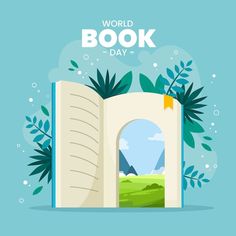 an open book with the words world book day written on it and plants around it