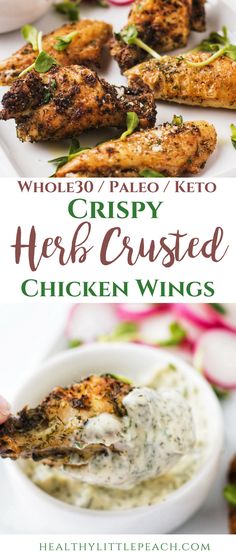 grilled chicken wings on a plate with ranch dressing in the background and text overlay that reads whole 30 pale keto crispy herb crusted chicken wings