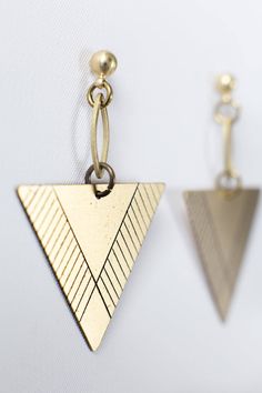 Triangle Earring Brass Earring Dangle Earrings Drop Triangle Metal Earrings For Gift, Triangle Gold Metal Earrings, Gold Triangle Metal Earrings, Nickel-free Geometric Brass Earrings, Nickel Free Triangle Metal Earrings, Nickel-free Metal Triangle Earrings, Everyday Gold Triangle Earrings, Geometric Brass Earrings, Earring Dangle