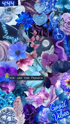 an assortment of blue and purple flowers with the words you are the cosmos