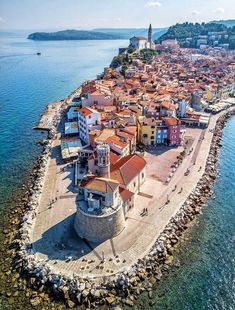 an aerial view of a small town by the water