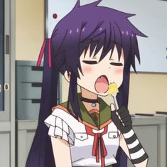 an anime character with purple hair eating food