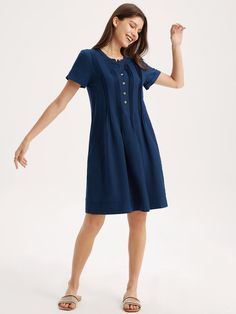 Come to Shopcozy to buy Dresses at a discounted price, SPU: 449ADRAGA94B, Color: Deep Blue, Edition type:Regular Fit, Style:Linen. Relaxed Fit Mini Dress With Buttons, Casual A-line Dress With Pleated Waist, Casual Short Sleeve Dress With Pleated Waist, Casual Midi-length Dress With Pleated Hem, Casual Midi Dress With Pleated Hem, Casual Fitted Dress With Pleated Hem, Navy Casual Dress With Buttons, Casual Pleated Shift Dresses, Casual Shift Pleated Dresses