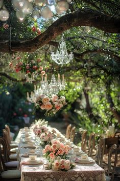 an outdoor dining table with chandelier hanging from the tree and flowers on it