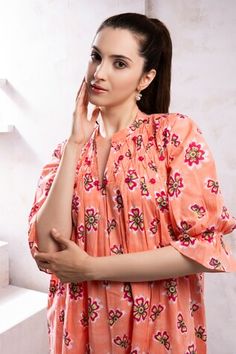 Blush pink dress with floral block print and mandarin collared neckline. - Aza Fashions Spring Pink Split Neck Dress, Orange Dresses With Printed Motifs, Pink Straight Kurta Top For Summer, Spring Printed Straight Kurta Dress, Multicolor Straight Kurta Dress For Spring, Pink Straight Kurta Dress For Summer, Printed Straight Kurta Dresses, Pink V-neck Dresses With Printed Motifs, Blush Pink Dress