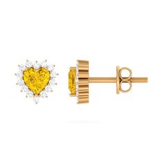 Lab Grown Yellow Sapphire Heart Earrings with Diamond Lab Created Yellow Sapphire - ( AAAA ) - Quality - Rosec Jewels Sapphire Earrings, Yellow Sapphire, Eternal Love, Sparkle Diamonds, Heart Earrings, Heart Shape, The 4, Prong Setting, Timeless Pieces