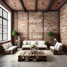 a living room with brick walls and white furniture in the center, surrounded by wooden pallets