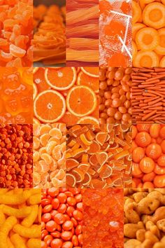 an assortment of oranges and other fruits are shown in this collage with images