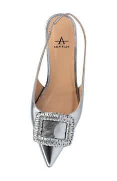 A geometric buckle creates a polished focal point for this metallic slingback flat featuring Aquatalia's signature water-repellent finish. Water-repellent Leather upper and lining/synthetic sole Made in Spain Luxury Summer Slingback Pumps With Buckle Closure, Luxury Silver Slingback Pumps With Heel Strap, Modern Silver Leather Slingback Pumps, Silver Ankle Strap Slingback Pumps With Buckle, Designer Silver Leather Slingback Pumps, Silver Slingback Pumps With Buckle Closure, Silver Slingback Heels With Buckle Closure, Silver Synthetic Slingback Heels, Glamorous Silver Slingback Pumps With 4-inch Heel