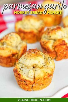 small muffins on a white plate with red and white checkered tablecloth