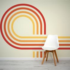 Retro Spiral Mural Reds Wallpaper in living room with small white plastic chair Retro Mural Ideas, Retro Wall Stripes, Retro Mural Wall Art, Retro Wall Mural, Marble Wall Mural, Tropical Art Deco, Scandinavian Wallpaper, Abstract Wallpaper Design, Art Deco Wallpaper