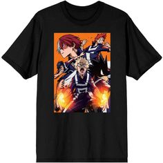 Show off your super fandom with this My Hero Academia anime cartoon characters group men's black graphic tee shirt! The My Hero Academia anime cartoon fan apparel is a men's black graphic tee shirt made of 100percent high-quality, pre-shrunk ring spun cotton jersey material and has a short sleeve design that looks great and is comfortable to wear in warm weather. The men's My Hero Academia anime cartoon fan merchandise features a bold graphic of Shoto, Katsuki, Tenya, Eijiro and Fumikage against Anime Cartoon Characters, My Hero Academia Anime, Character Group, Black Shorts Men, Black Short Sleeve Shirt, Cartoon Fan, Anime Tees, Black Graphic Tees, Anime Cartoon