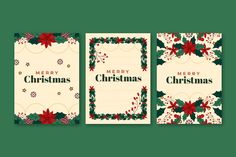 three christmas greeting cards with poinsettis and holly leaves on green paper background