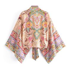 wickedafstore Alondra Kimono Casual Multicolor Print Kimono, Spring Festival Kimono With Vibrant Print, Casual Kimono With Vibrant Print For Spring, Spring Vacation Tops With Vintage Print, Spring Vacation Top With Vintage Print, Spring Vacation Vintage Print Tops, Spring Pink Printed Kimono, Patterned Vintage Print Tops For Spring, Spring Patterned Top With Vintage Print