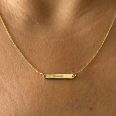 NEW SHOP DISCOUNT ON THIS NECKLACE!! 14K Gold Plated 925 Sterling Silver or 14K Solid Gold.  Customized personal necklace, unique special gift.  Excellent Engraved gift for any special day such as birthday, graduation! Please email if any questions. Minimalist Gold Nameplate Bar Necklace, Gold Nameplate Bar Necklace As Gift, Gold Nameplate Bar Necklace Gift, Classic Gold Nameplate Bar Necklace, Engraved Nameplate Bar Necklace As Gift, Gold Nameplate Bar Necklace For Mother's Day, Gold Engraved Bar Necklace For Mother's Day, Engraved Gold Bar Necklace For Mother's Day, Mother's Day Gold Nameplate Bar Necklace