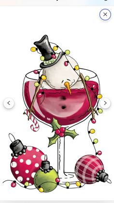 a drawing of a wine glass with christmas decorations on the rim and an ornament at the top