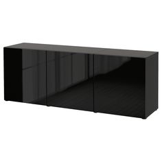 a black cabinet with three doors and two shelves on each side, in front of a white background