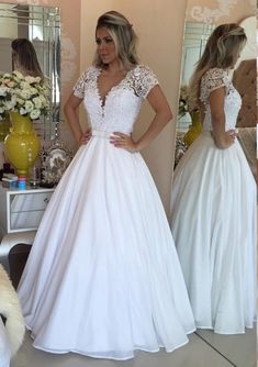 Beading Lace Ball Gown Short Sleeve V-Neck Chiffon Wedding Ball Gown Short, Mermaid Ball Gowns, Short Sleeve Wedding Dress, Ball Gowns Princess, Bridal Ball Gown, Lace Ball Gowns, Chiffon Wedding Dress, Wedding Dresses With Flowers, Wedding Dress Chiffon