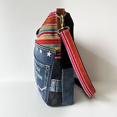 Retro Americana Denim & Canvas Crossbody Bag with Colorful Stripes Strap | eBay Multicolor Canvas Bag With Zipper Pocket, Multicolor Canvas Bags With Zipper Pocket, Trendy Festival Crossbody Bags, Retro Multicolor Bags With Pockets, Multicolor Cotton Bag With Pockets, Multicolor Cotton Bags With Pockets, Trendy Multicolor Shoulder Bag With Pockets, Retro Multicolor Bags With Zipper Pocket, Multicolor Canvas Bag With Pockets