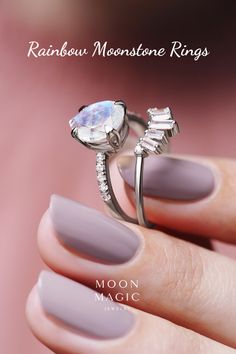 Stackable teardrop shaped moonstone ring. Stack it with one of Moon Magic matching ring bands available in silver and rose gold. #stackablerings #moonstonering Celestial Moonstone Ring For Promise, Magical Moon Shaped Ring With Moon Phase Detail, Magical Moon Shaped Ring With Moon Phase, Magical Moon-shaped Ring With Moon Phase Details, Celestial Promise Moonstone Ring, Magical Moon-shaped Ring With Moon Phase, Magical Moon Phase Moon-shaped Ring, Magical Crystal Ring Gift, Adjustable Mystical Moonstone Promise Ring