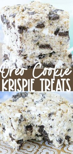 three cookies and cream krispie treats stacked on top of each other with text overlay