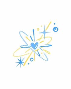 a blue and yellow design on a white background with stars, circles and hearts in the center