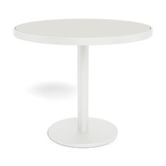 a white round table with a circular base on an isolated surface, viewed from the front