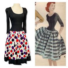 This is a very late 1950s to early 1960s dress. Silk bodice with a slightly dropped waist and a tiny puff shoulder w/ a cotton/wool blend skirt. Fully lined. The skirt is a full skirt with wide pleats and a wonderful abstract colorful print.  It's in fantastic condition with its only real flaw being some sun lightening on the very tops of the shoulders which we've adjusted the pricing to accommodate.  Back zip w hook and eye. Design house is Montagna. No size tags. Measures to a modern 2/4.  Bus Retro Vintage Dress With Full Skirt For Events, Retro Full Skirt Vintage Dress For Events, 1950s A-line Vintage Dress, Retro Vintage Dress Tea Length, Retro Dresses With Full Skirt For Vintage Fashion, Retro Fitted Dress With Full Skirt, Retro Fit And Flare Party Dress, 1950s Style Full Skirt Vintage Dress, Retro Vintage Dress With Fitted Bodice