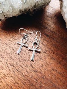 Gorgeous large Egyptian ankh dangle earrings - sterling silver. Ready to ship Silver Single Cross Earring, Single Cross-shaped Silver Earring, Bohemian Silver Ankh Jewelry, Bohemian Ankh Silver Jewelry, Nickel-free Ankh Elegant Jewelry, Nickel-free Ankh Shaped Elegant Jewelry, Ankh-shaped Metal Earrings For Gift, Nickel-free Ankh Jewelry, Ankh Shaped Metal Earrings For Gift