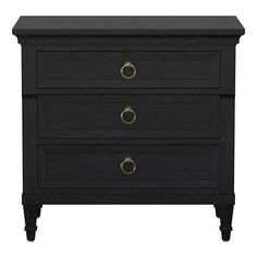 a black dresser with three drawers and two brass knobs on the bottom, against a white background