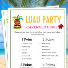 the luau party scavenger hunt is on display in front of some palm trees