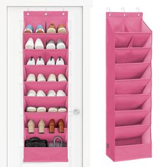 a pink over the door shoe rack next to a white door